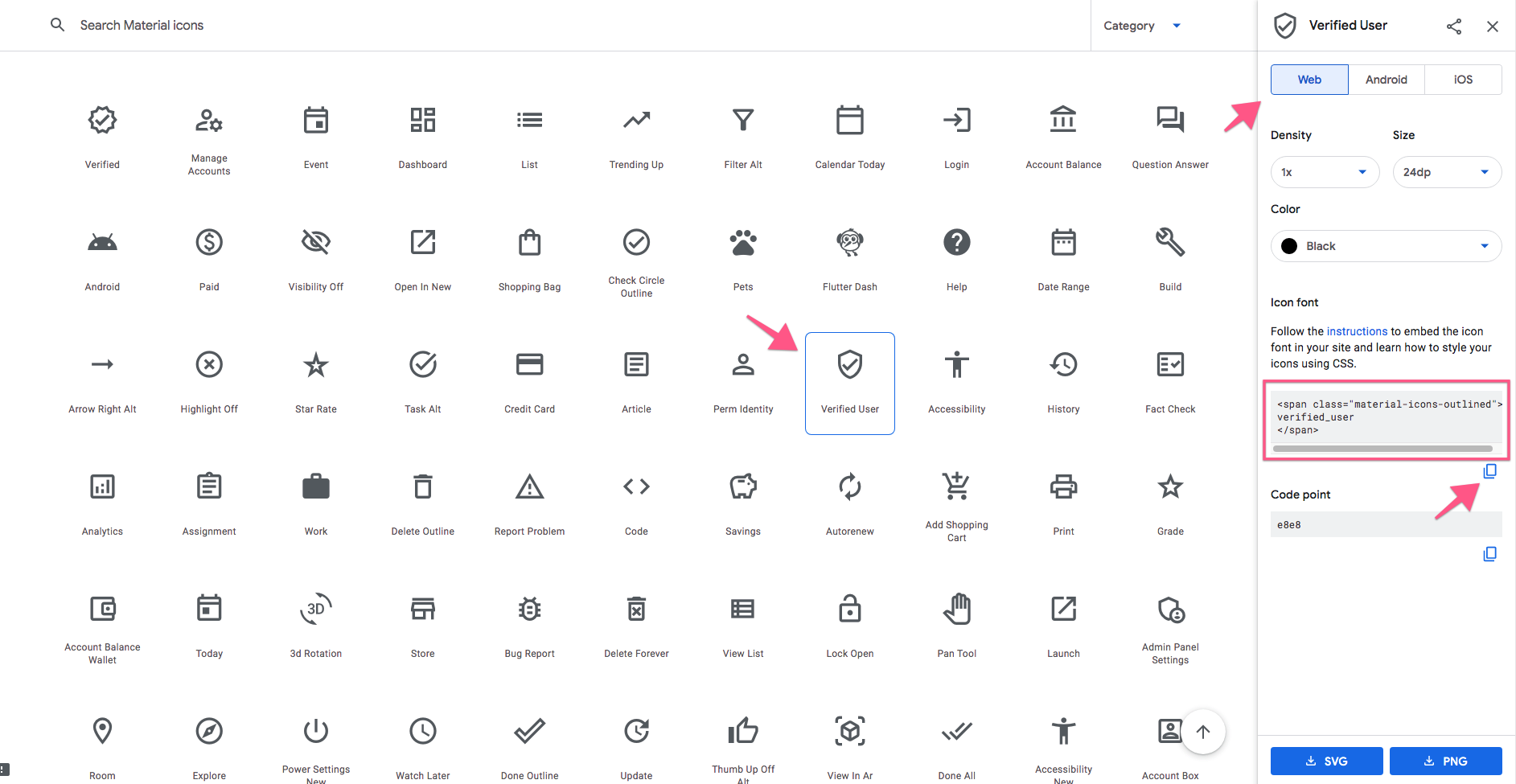 Chọn icon cần dùng trong thư viện Google Icons