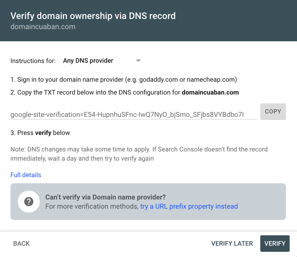 Google's domain validation guide for your site