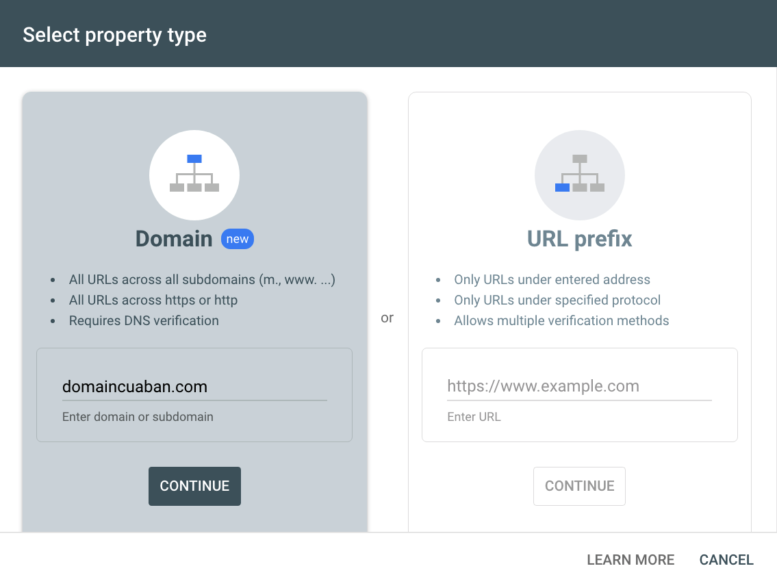 Domain Property and URL Property (Add new Property)