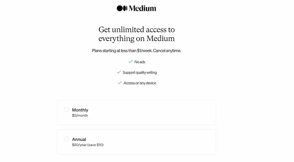 Bảng giá Membership của Medium