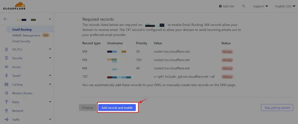 Bấm vào nút "Add records and enable" để Cloudflare cài đặt tự động cho bạn