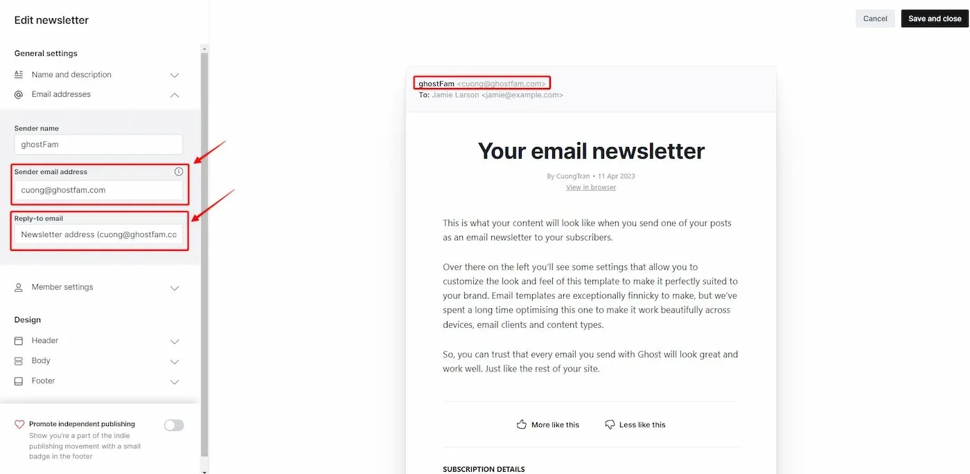 Bạn đổi lại email tên miền riêng của bạn trong cài đặt Newsletter