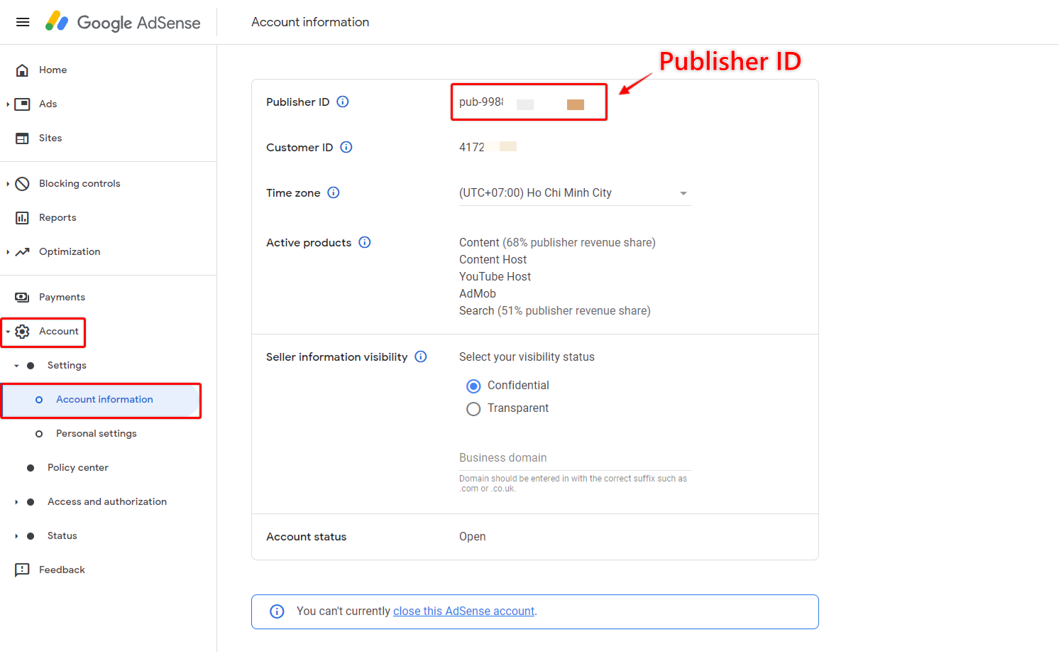 Publisher ID trong Account Information (Google Adsense)