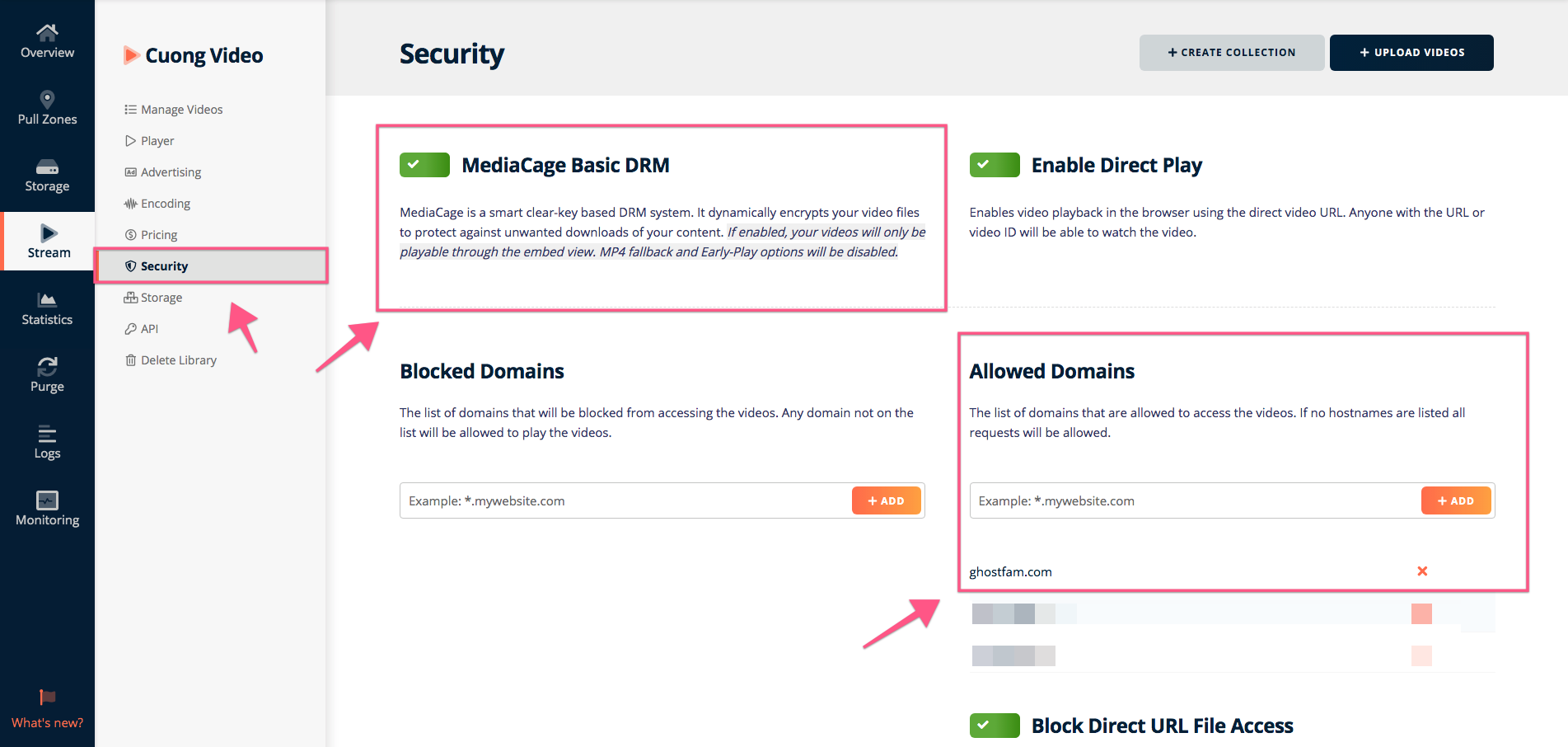 Enable MediaCage Basic DRM (HLS) and Whitelist domains in Bunny Stream