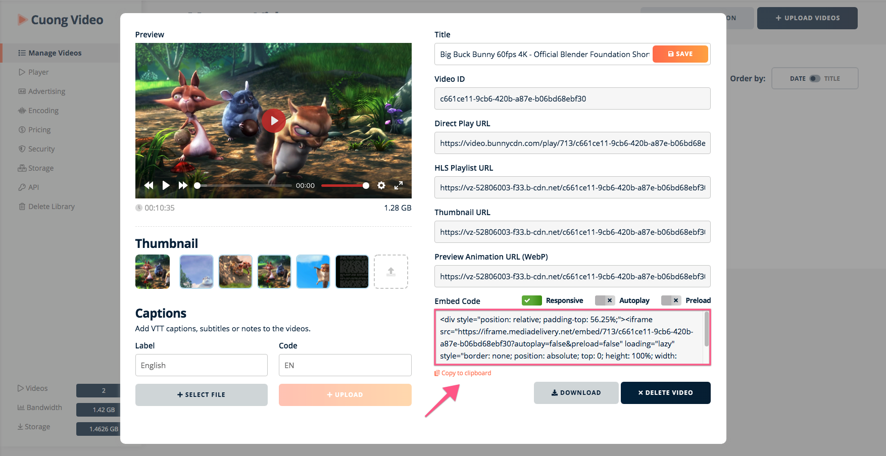 Get the Embed Code of the video you just uploaded (after encoding)