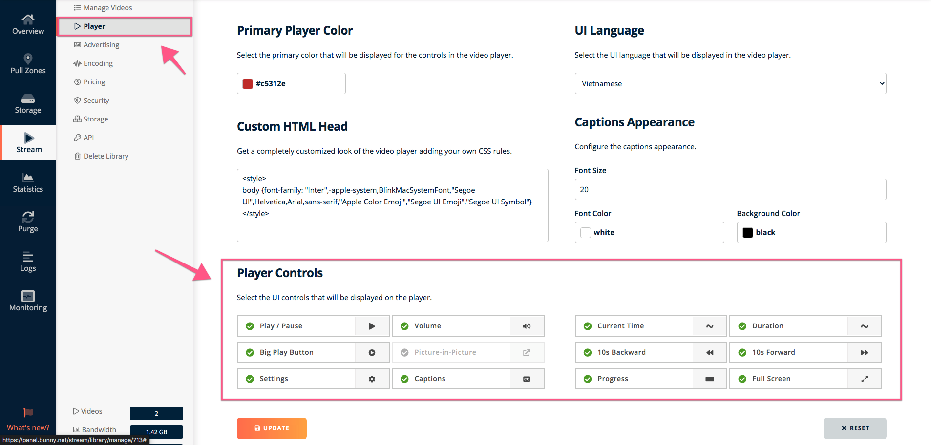 Customizability for Video Player Bunny Stream