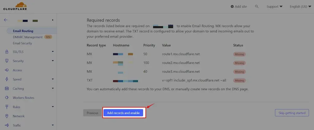 Click the "Add records and enable" button to have Cloudflare set up automatically for you