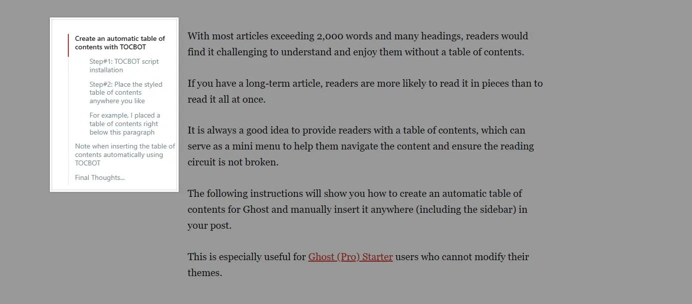 Simple way to create a table of contents for ghost articles